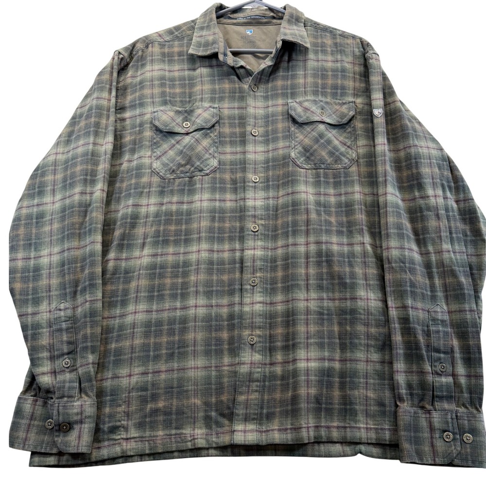 KUHL Button Up Mens XL Green Plaid LS Flannel Shirt Outdoor Rugged Hiking Pocket